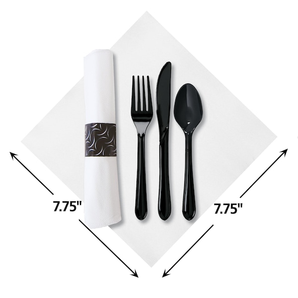 Caterwrap 7.75" x 7.75" Pre-rolled White Dinner Napkins Black Cutlery 100 PK - 119984