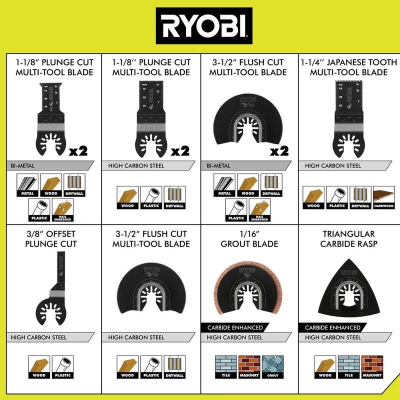 Set de accesorios de cuchillas para herramienta oscilante de 16 piezas RYOBI con 4 piezas de madera y metal y 4 piezas de madera para herramienta multiusos - A241601-A24402-A24401