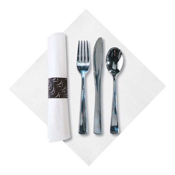 Caterwrap 7.75" x 7.75" Pre-rolled White Napkins with Metallic Cutlery 100 PK - 119979