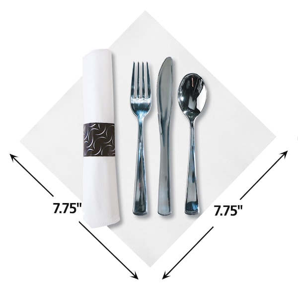 Caterwrap 7.75" x 7.75" Pre-rolled White Napkins with Metallic Cutlery 100 PK - 119979