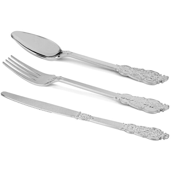 Smarty Had A Party Shiny Metallic Silver Baroque Plastic Cutlery Set - Spoons, Forks and Knives (600 Guests), 1800PK - 7959-SBQCS-CASE