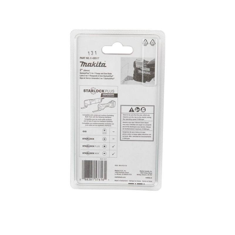 Herramienta múltiple oscilante Makita StarlockPlus 2 en 1 para cortes profundos y sierra, con recubrimiento de carburo en el borde de 40 granos para lechada y piedra abrasiva - E-08517