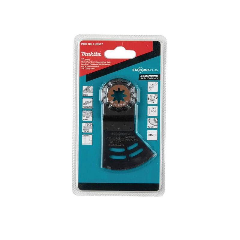 Herramienta múltiple oscilante Makita StarlockPlus 2 en 1 para cortes profundos y sierra, con recubrimiento de carburo en el borde de 40 granos para lechada y piedra abrasiva - E-08517