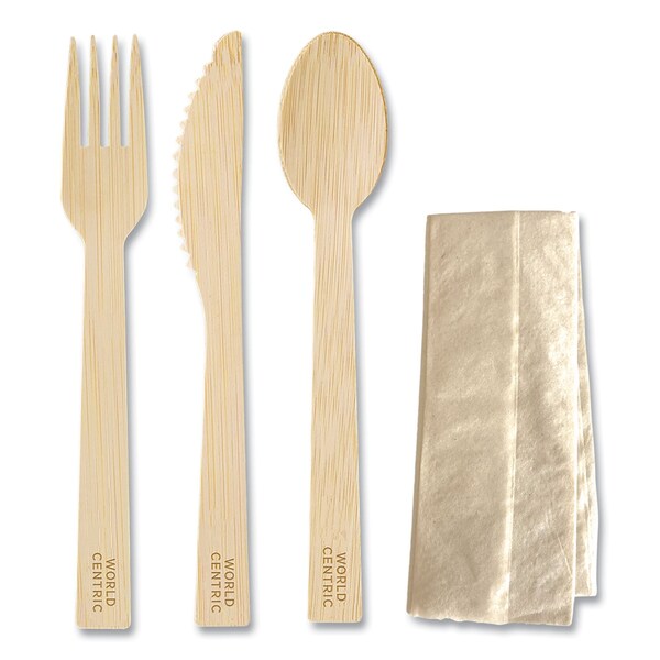 World Centric Bamboo Cutlery, Knife/Fork/Spoon/Napkin, 6.7 in., Natural, 250PK - AS-BB-TN