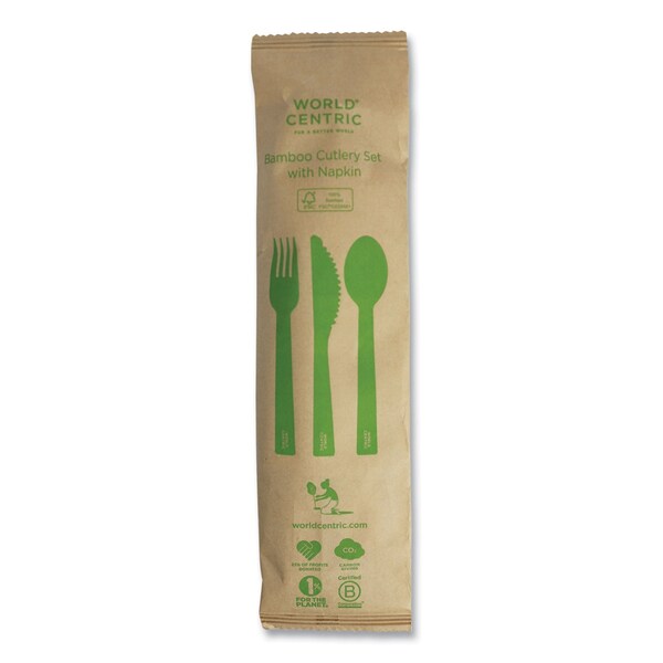 World Centric Bamboo Cutlery, Knife/Fork/Spoon/Napkin, 6.7 in., Natural, 250PK - AS-BB-TN