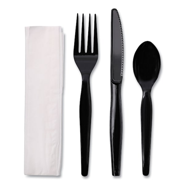 Boardwalk 4-Piece Cutlery Kit, Fork/Knife/Napkin/Teaspoon, Hvywght, Black, PK250 - FKTNHWPSBLA