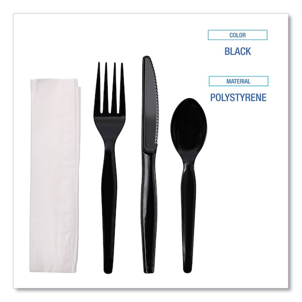 Boardwalk 4-Piece Cutlery Kit, Fork/Knife/Napkin/Teaspoon, Hvywght, Black, PK250 - FKTNHWPSBLA