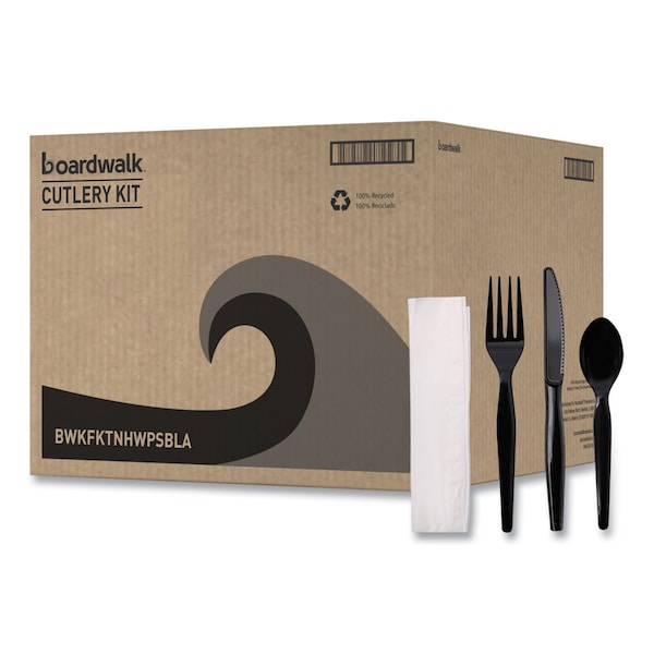 Boardwalk 4-Piece Cutlery Kit, Fork/Knife/Napkin/Teaspoon, Hvywght, Black, PK250 - FKTNHWPSBLA