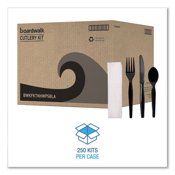 Boardwalk 4-Piece Cutlery Kit, Fork/Knife/Napkin/Teaspoon, Hvywght, Black, PK250 - FKTNHWPSBLA