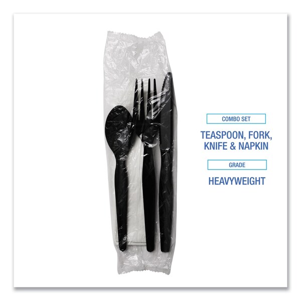 Boardwalk 4-Piece Cutlery Kit, Fork/Knife/Napkin/Teaspoon, Hvywght, Black, PK250 - FKTNHWPSBLA