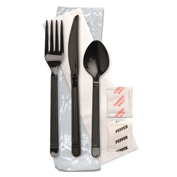Forum Cutlery 13x13 Napkin Ebony Fork Knife & Spoon Salt & Pepper Meal Kit, PK250 - F250E3PCSPKIT