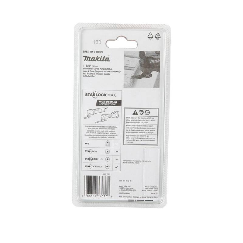 Herramienta múltiple oscilante Makita StarlockMax de 1-1/4 pulgadas con hoja curva de inmersión bimetálica para cortar madera y metal - E-08523