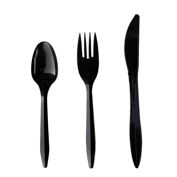 Boardwalk Four-Piece Cutlery Kit, Fork/Knife/Teaspoon/Napkin, Mediumweight, Black, 250PK - BWK4KITBLPP