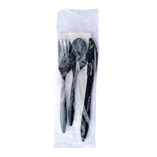 Boardwalk Four-Piece Cutlery Kit, Fork/Knife/Teaspoon/Napkin, Mediumweight, Black, 250PK - BWK4KITBLPP