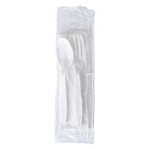 Boardwalk Four-Piece Cutlery Kit, Fork/Knife/Napkin/Teaspoon, Mediumweight, Polystyrene, White, 250PK - BWK4KITWHPS