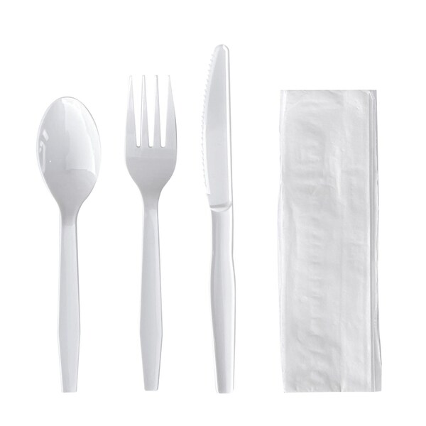 Boardwalk Four-Piece Cutlery Kit, Fork/Knife/Napkin/Teaspoon, Mediumweight, Polystyrene, White, 250PK - BWK4KITWHPS