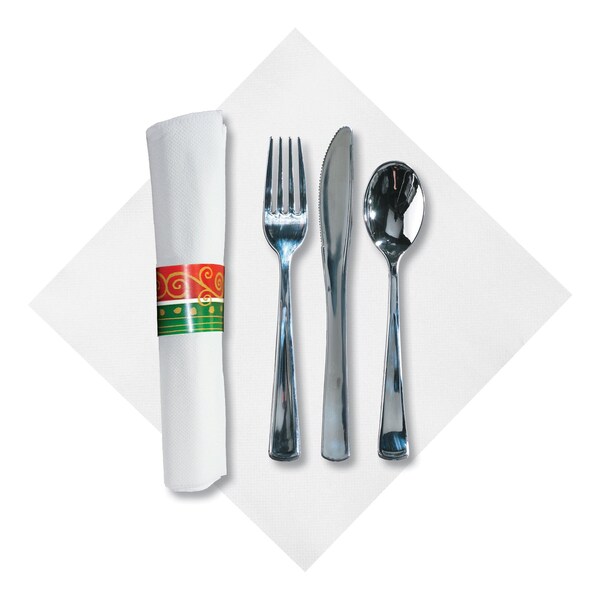 Caterwrap 7.75" x 7.75" Pre-rolled White Napkins with Metallic Cutlery 100 PK - 119982