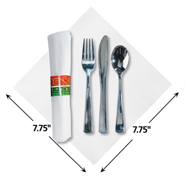 Caterwrap 7.75" x 7.75" Pre-rolled White Napkins with Metallic Cutlery 100 PK - 119982