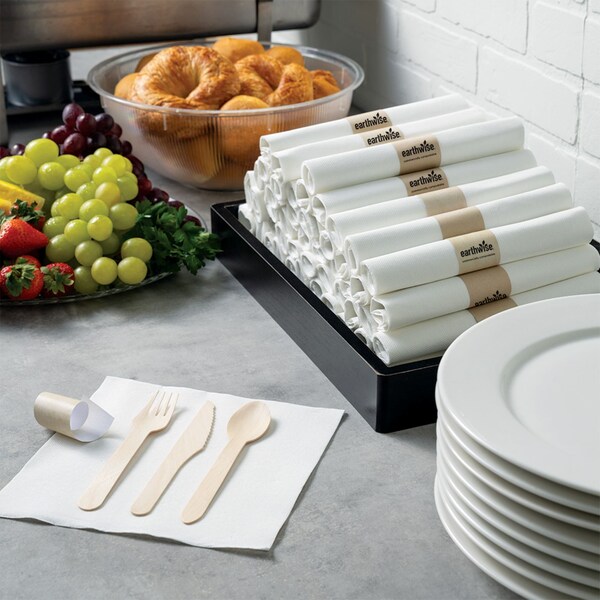 Hoffmaster 7.75in x 7.75in Pre-rolled FashnPoint CaterWrap White Napkins with Earthwise Wood Cutlery, 50PK - 120031