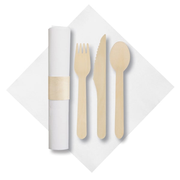 Hoffmaster 7.75in x 7.75in Pre-rolled FashnPoint CaterWrap White Napkins with Earthwise Wood Cutlery, 50PK - 120031