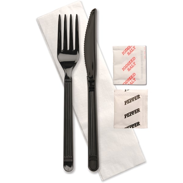 Forum Cutlery Knife/Fork/Salt/Pepper/Napkin Black Ebony Wrapped Cutlery Kit, PK250 - F250E2PCSPKIT