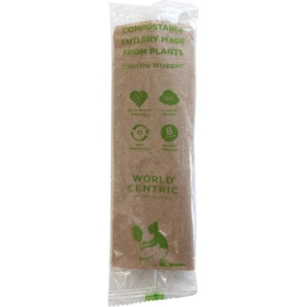 World Centric TPLA Compostable Knife Fork Spoon And Napkin Cutlery Kit, PK250 - AS-PS-TN