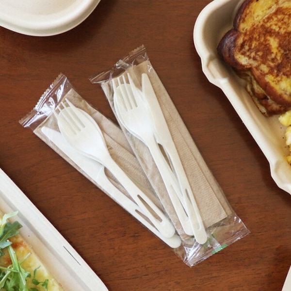 World Centric TPLA Compostable Knife Fork Spoon And Napkin Cutlery Kit, PK250 - AS-PS-TN
