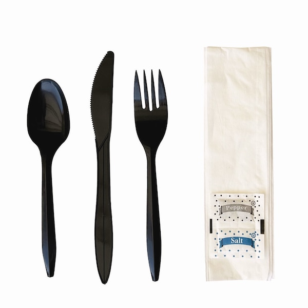 Boardwalk Six-Piece Cutlery Kit, Fork/Knife/Napkin/Pepper/Salt/Spoon, Black, 250PK - BWKCOMBO6KIT