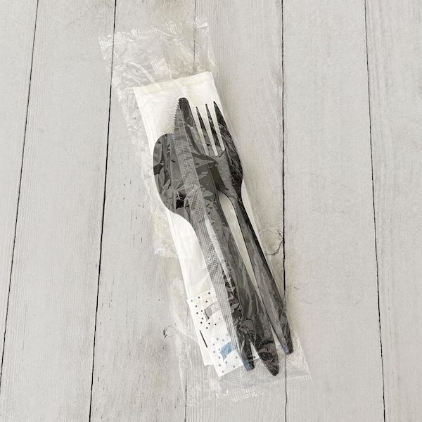 Boardwalk Six-Piece Cutlery Kit, Fork/Knife/Napkin/Pepper/Salt/Spoon, Black, 250PK - BWKCOMBO6KIT