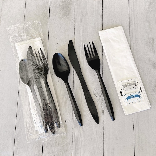 Boardwalk Six-Piece Cutlery Kit, Fork/Knife/Napkin/Pepper/Salt/Spoon, Black, 250PK - BWKCOMBO6KIT