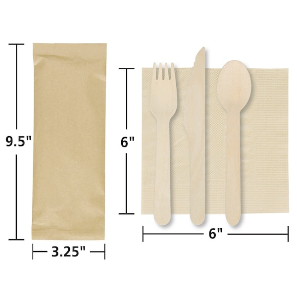 Hoffmaster 6" x 6""dividually Bagged Kraft Napkin with Wood Cutlery PK 500 - 117530