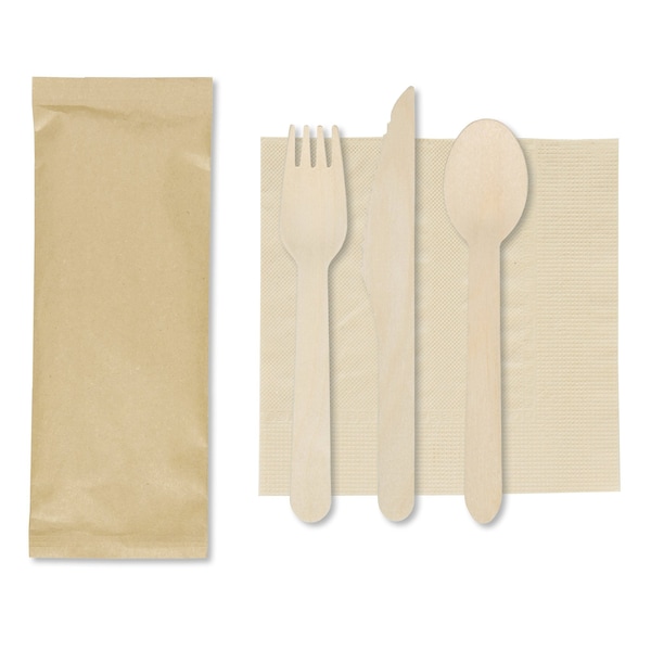 Hoffmaster 6" x 6""dividually Bagged Kraft Napkin with Wood Cutlery PK 500 - 117530