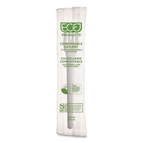 Eco-Products Plantware Compostable Cutlery, Fork, 6 in., White, 1000PK - EP-S012-W