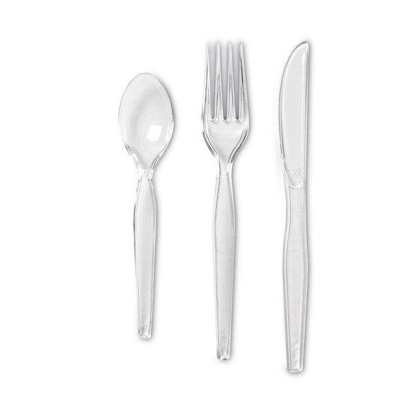 Dixie Cutlery Keeper Tray with Clear Plastic Utensils: 600 Forks, 600 Knives, 600 Spoons, 1800PK - CH0180DX7