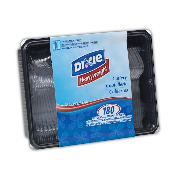 Dixie Cutlery Keeper Tray with Clear Plastic Utensils: 600 Forks, 600 Knives, 600 Spoons, 1800PK - CH0180DX7