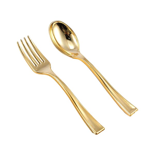 Smarty Had A Party Gold Disposable Plastic Mini Flatware Set - Dessert Spoons and Dessert Forks (600 Guests), 1200PK - 790-GCS-CASE