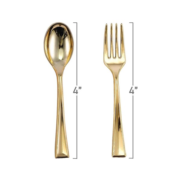 Smarty Had A Party Gold Disposable Plastic Mini Flatware Set - Dessert Spoons and Dessert Forks (600 Guests), 1200PK - 790-GCS-CASE