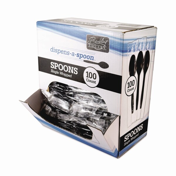 Berkley Square Dispens-a Spoon, Individually Wrapped, Mediumweight Spoon, Plastic, Black, 100PK - BEP90206