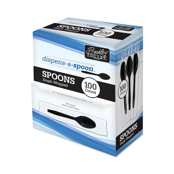 Berkley Square Dispens-a Spoon, Individually Wrapped, Mediumweight Spoon, Plastic, Black, 100PK - BEP90206