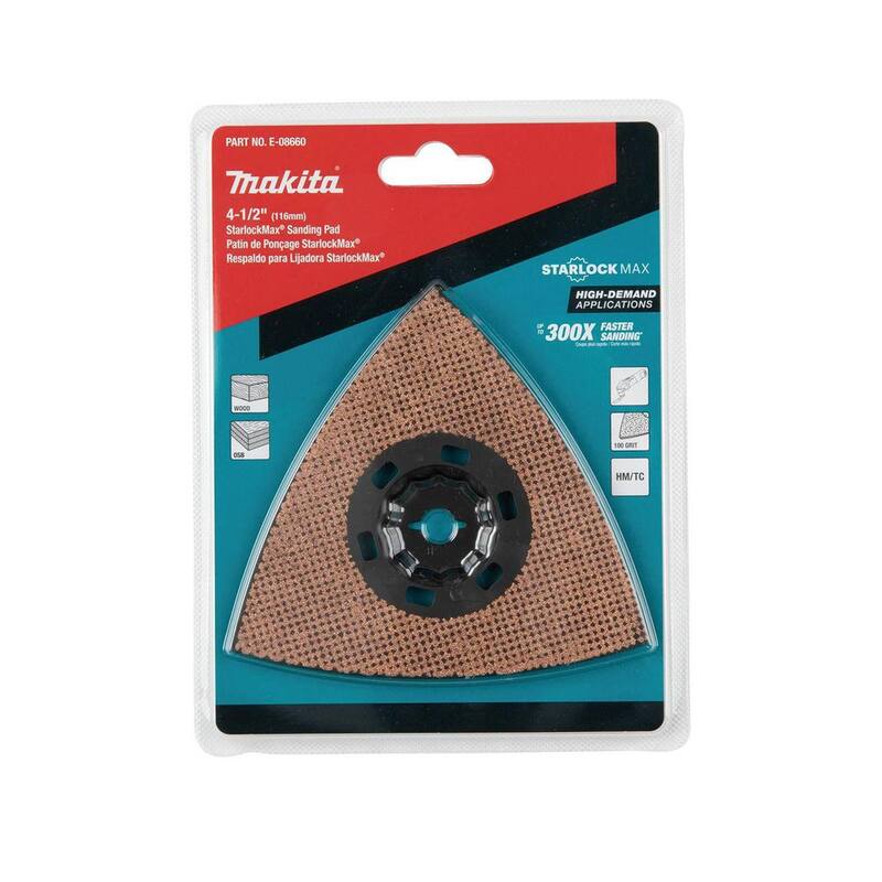 Herramienta multiusos oscilante Makita StarlockMax de 4-1/2 pulgadas con almohadilla de lijar triangular Delta de carburo de tungsteno de 100 granos - E-08660