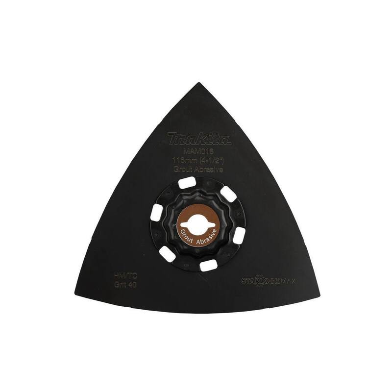Herramienta multiusos oscilante Makita StarlockMax de 4-1/2 pulgadas con almohadilla de lijar triangular Delta de carburo de tungsteno de 100 granos - E-08660