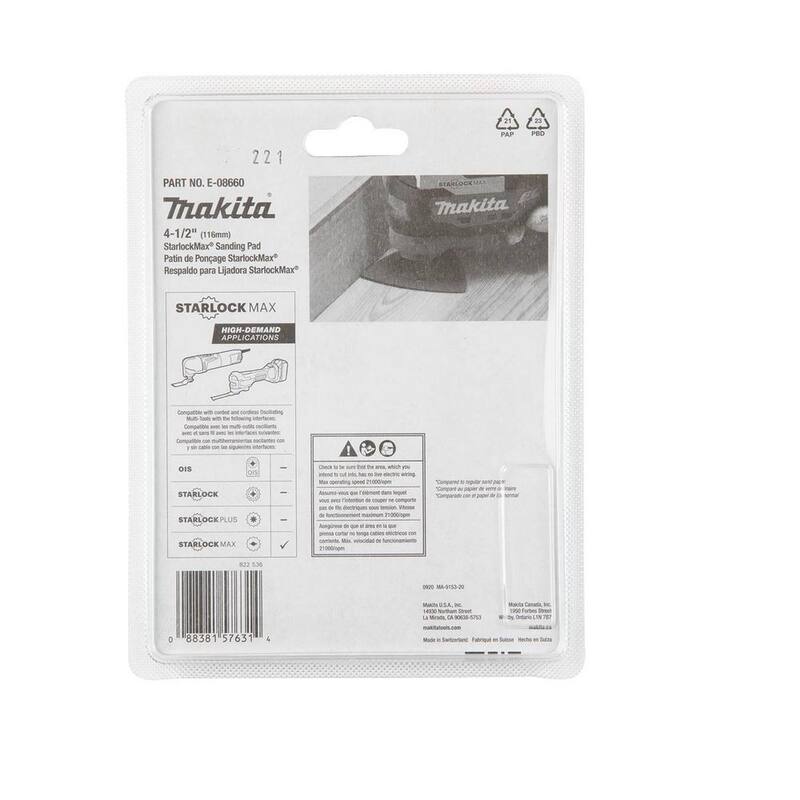 Herramienta multiusos oscilante Makita StarlockMax de 4-1/2 pulgadas con almohadilla de lijar triangular Delta de carburo de tungsteno de 100 granos - E-08660