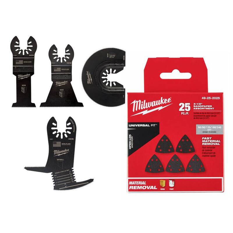 Juego de hojas de corte para madera y tablaroca para herramienta oscilante Milwaukee con paquete variado de papel de lija triangular de 3-1/2 pulgadas (29 piezas) - 49-10-9004-49-25-2281-49-25-2025