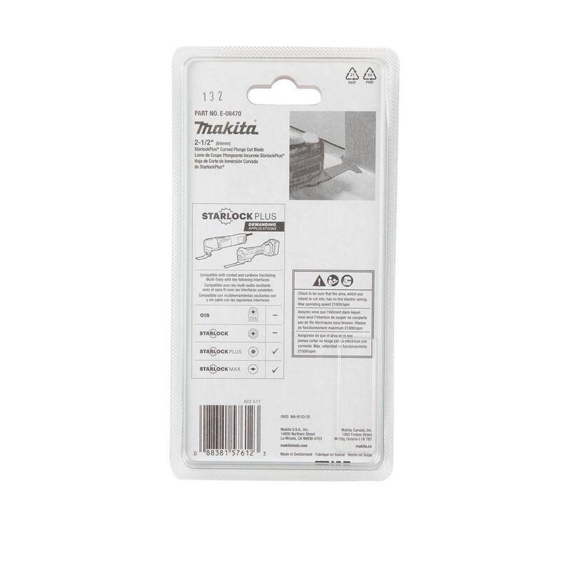 Herramienta múltiple oscilante Makita StarlockPlus de 2-1/2 pulgadas con hoja curva de inmersión bi-metal para corte de madera y metal - E-08470