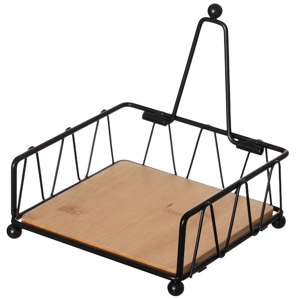 Basicwise Flat Metal Square Napkin Holder with Weighted Arm and a Wooden Tray Perfect for Adorning - QI004650