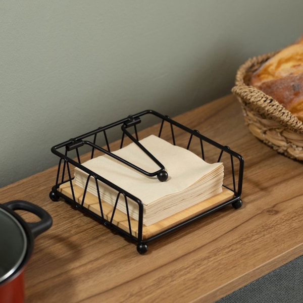 Basicwise Flat Metal Square Napkin Holder with Weighted Arm and a Wooden Tray Perfect for Adorning - QI004650