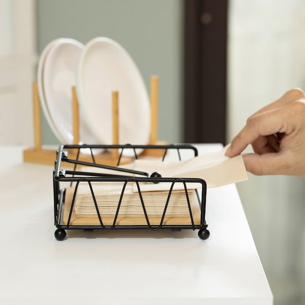Basicwise Flat Metal Square Napkin Holder with Weighted Arm and a Wooden Tray Perfect for Adorning - QI004650