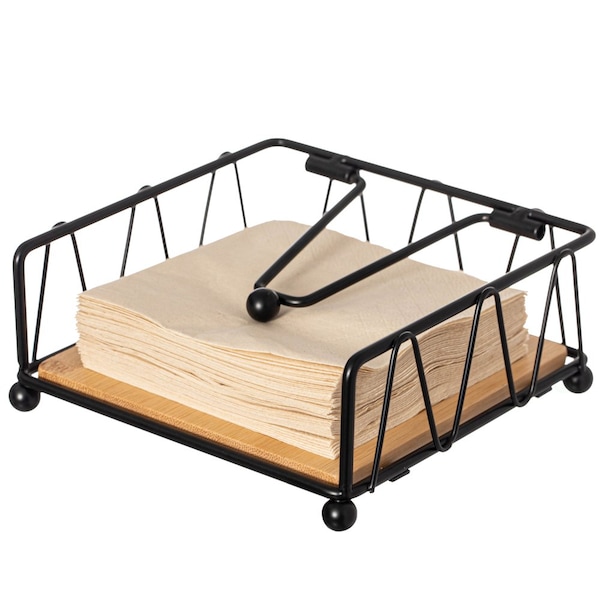 Basicwise Flat Metal Square Napkin Holder with Weighted Arm and a Wooden Tray Perfect for Adorning - QI004650