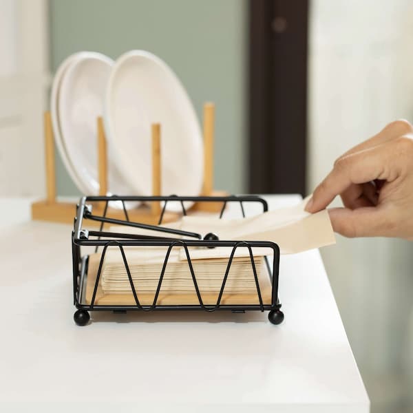 Basicwise Flat Metal Square Napkin Holder with Weighted Arm and a Wooden Tray Perfect for Adorning - QI004650
