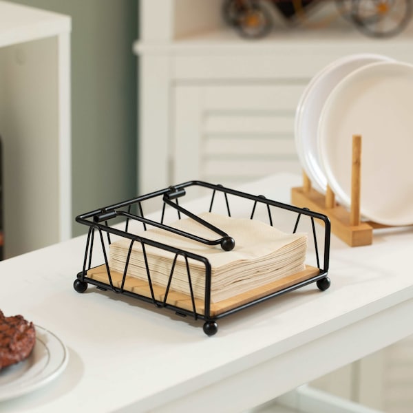 Basicwise Flat Metal Square Napkin Holder with Weighted Arm and a Wooden Tray Perfect for Adorning - QI004650